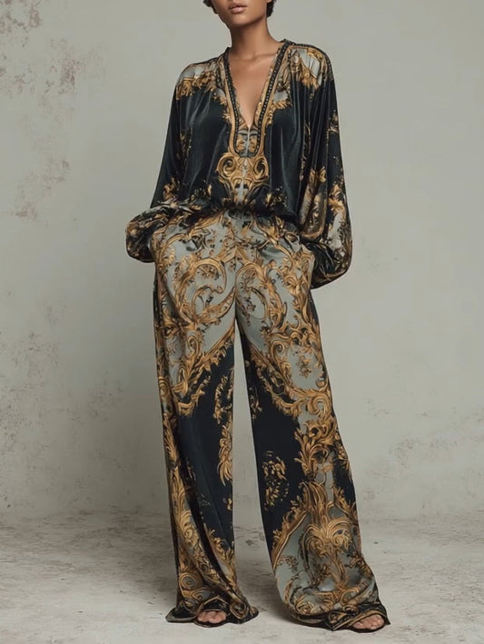 Tania Baroque Ornate Floral Print Top and Wide Leg Trousers Casual Suit – Sienna Noosa