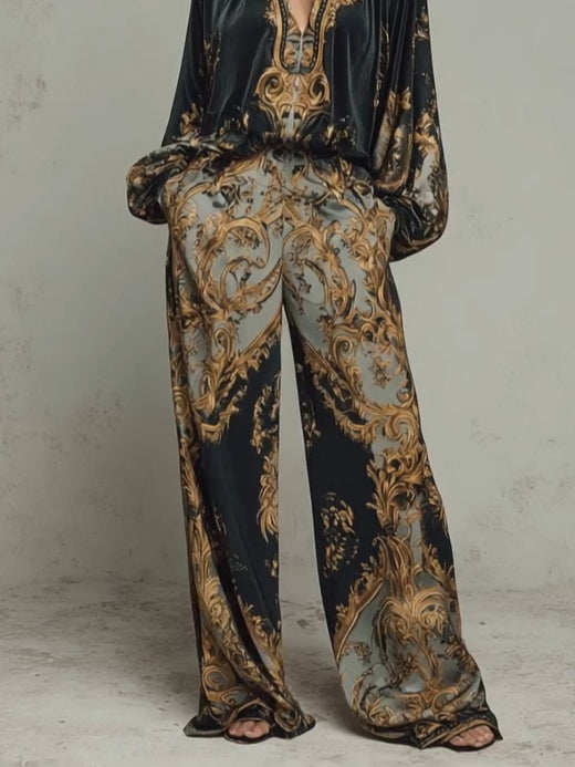 Tania Baroque Ornate Floral Print Top and Wide Leg Trousers Casual Suit – Sienna Noosa
