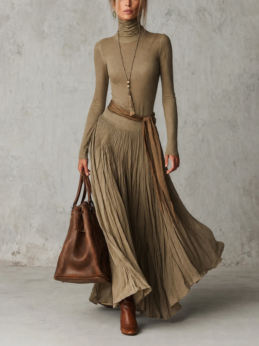 Elegant Turtleneck Long Sleeve Pleated Maxi Dress with Waist Tie – Sienna Noosa