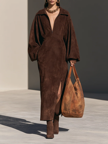 Sara Elegant Brown Suede Half Zip Long Sleeve Maxi Dress with Side Slit – Sienna Noosa