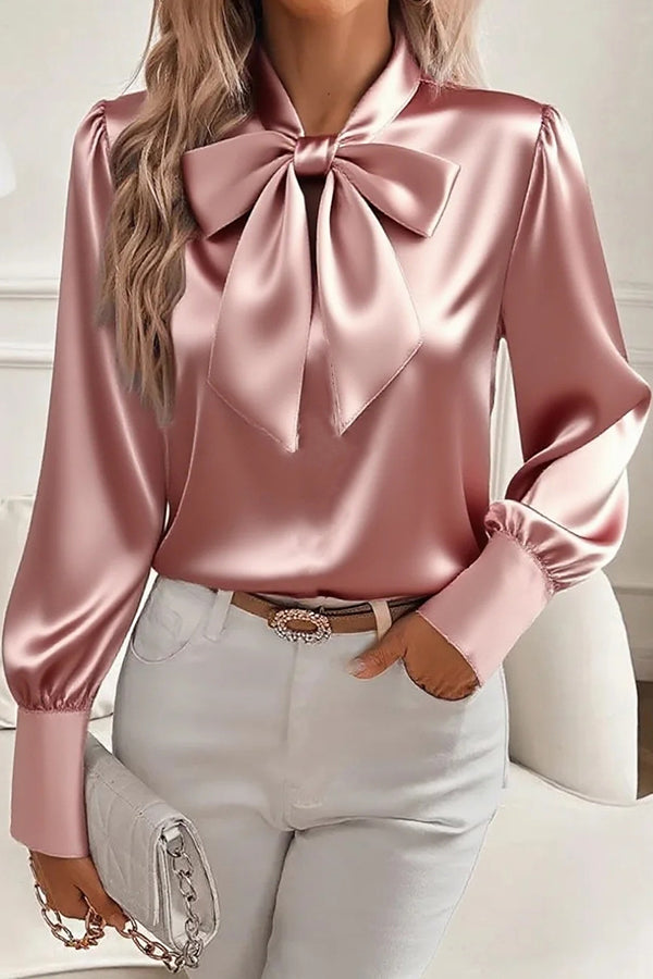 Satin Solid Color Casual Bow Long Sleeve Shirt – Sienna Noosa