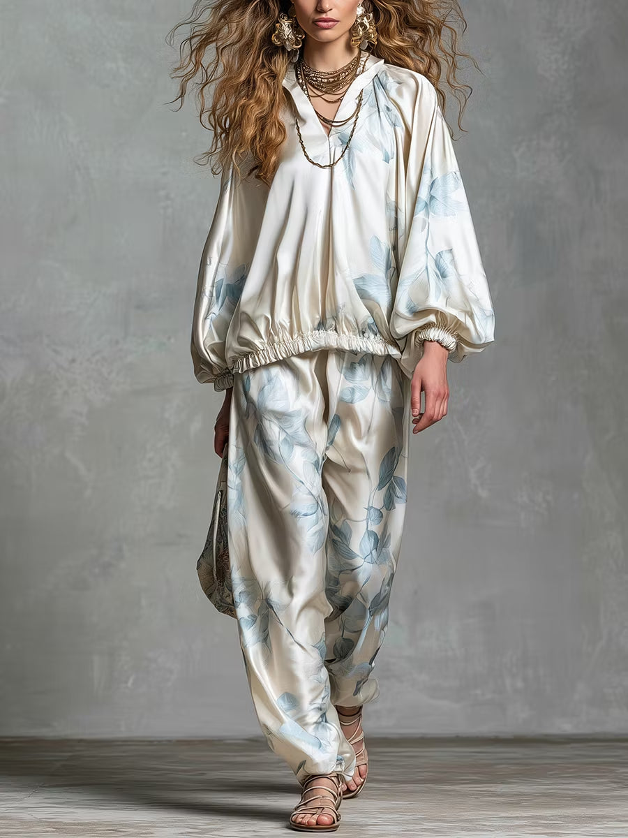 Elegante Elegant Bohemian Style Blue Floral Print Satin Set – Sienna Noosa