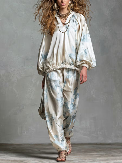 Elegante Elegant Bohemian Style Blue Floral Print Satin Set – Sienna Noosa