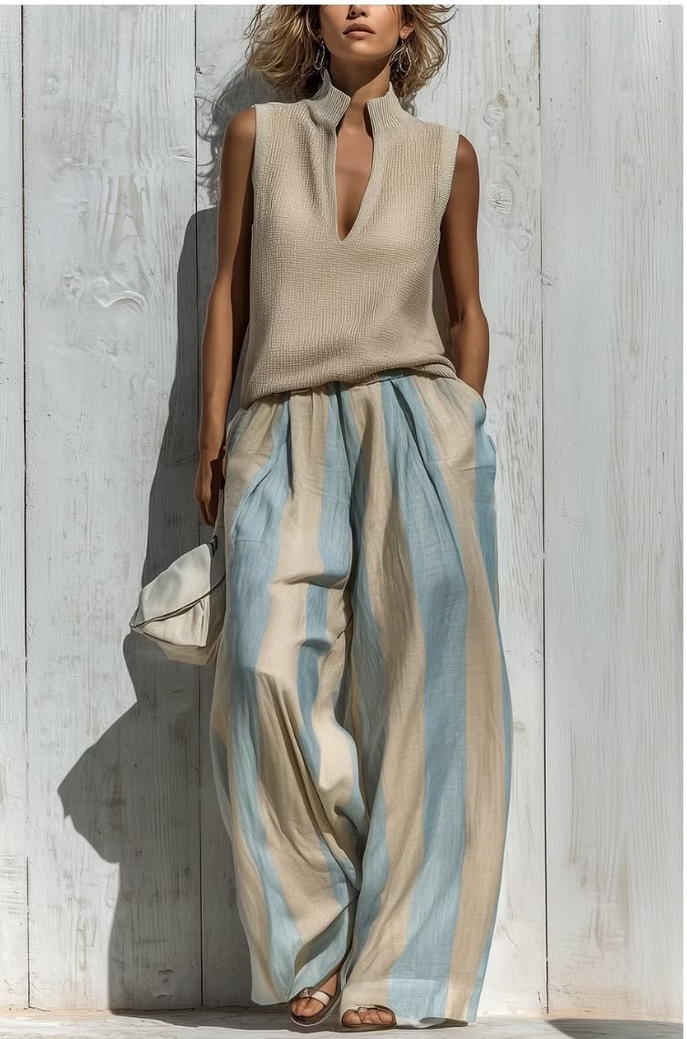 Casual Sleeveless Top and Loose Striped Trousers Set – Sienna Noosa