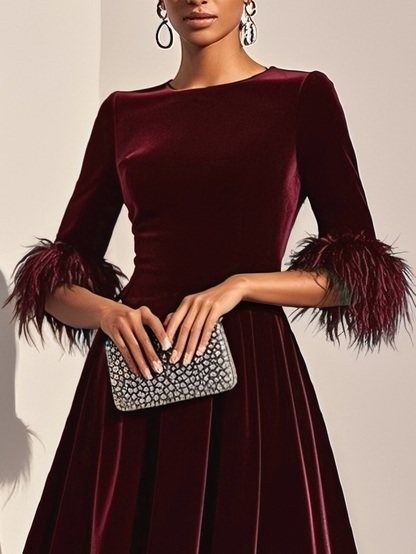 Aitana Dark Blue Feather Trimmed Velvet Round Neck Short Sleeved A-line Line Midi Dress – Sienna Noosa