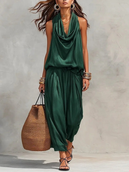 Black Halter Neck Sleeveless Top and Pleated Trousers Set – Sienna Noosa