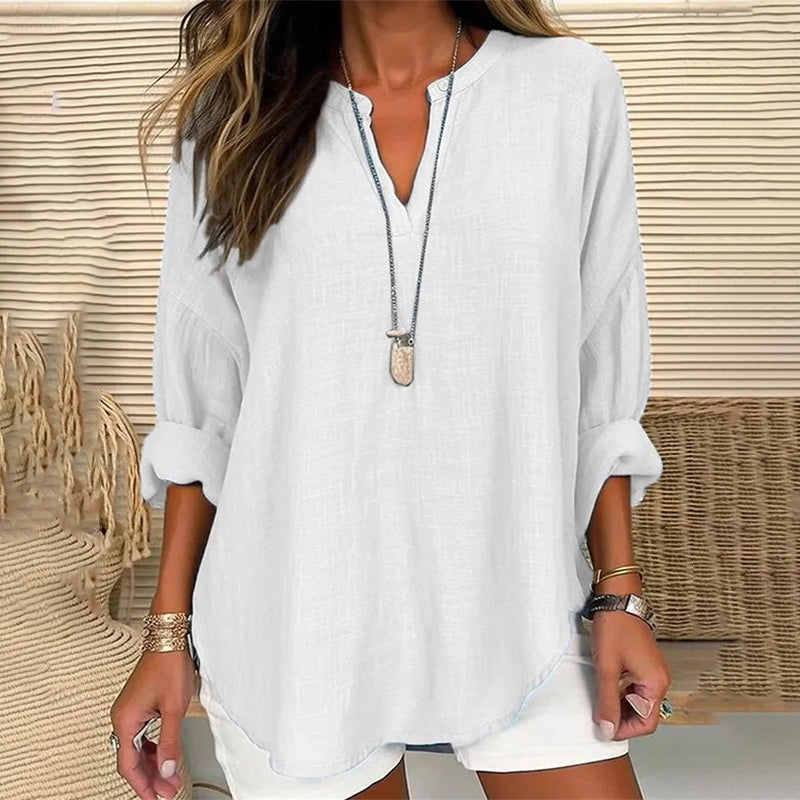 Solid Color V-Neck Long Sleeved Loose Casual Blouse – Sienna Noosa