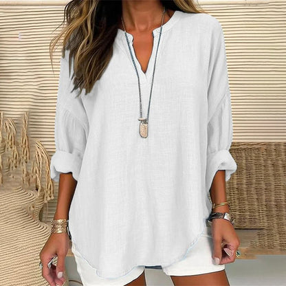 Solid Color V-Neck Long Sleeved Loose Casual Blouse – Sienna Noosa