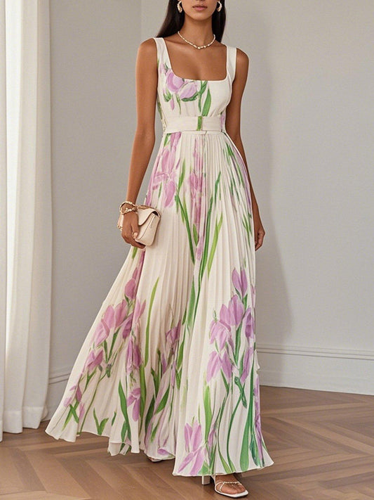 White Pleated Chiffon Square Neck Sleeveless A-line Line Maxi Dress – Sienna Noosa