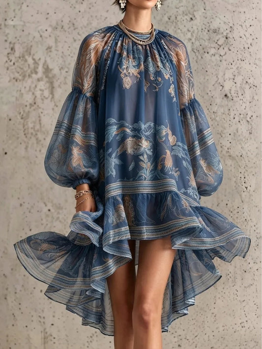 Vintage Elegant Printed Long Sleeve Loose Mini Dress – Sienna Noosa