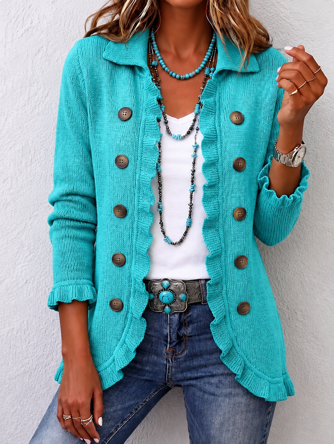 Maribel Jacket Knit Turquesa With Ruffles – Sienna Noosa