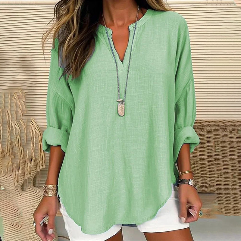 Solid Color V-Neck Long Sleeved Loose Casual Blouse – Sienna Noosa