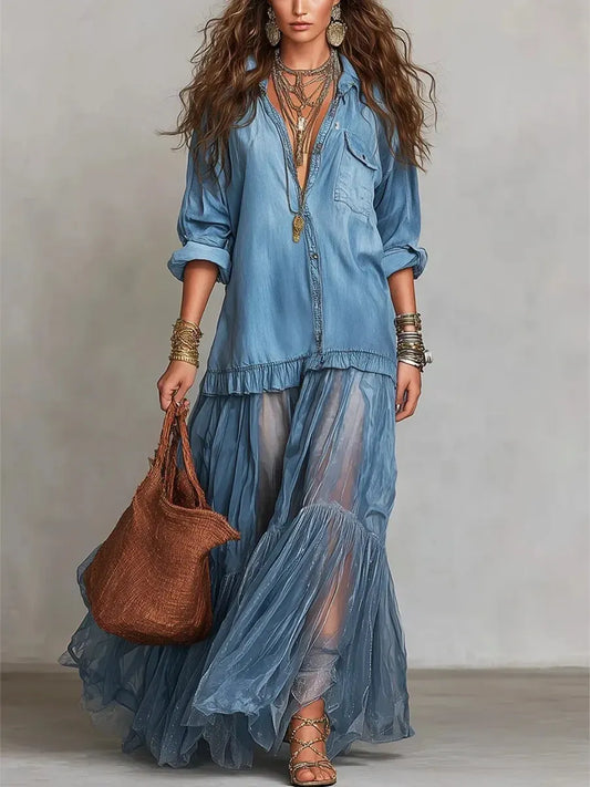 Blue Faux Denim Shirt Collar with Sheer Pockets Maxi Dress – Sienna Noosa