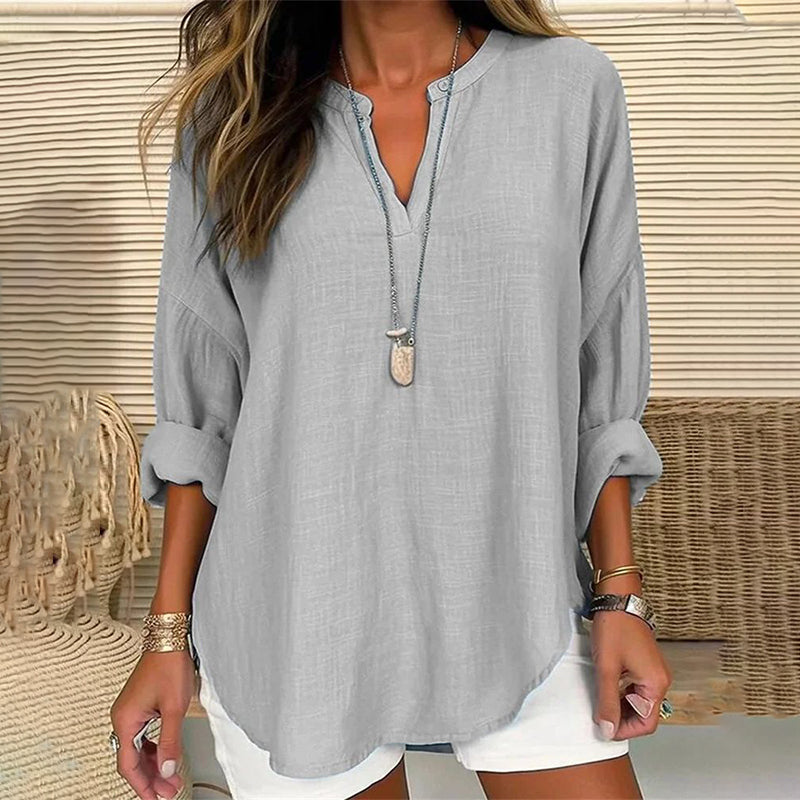 Solid Color V-Neck Long Sleeved Loose Casual Blouse – Sienna Noosa