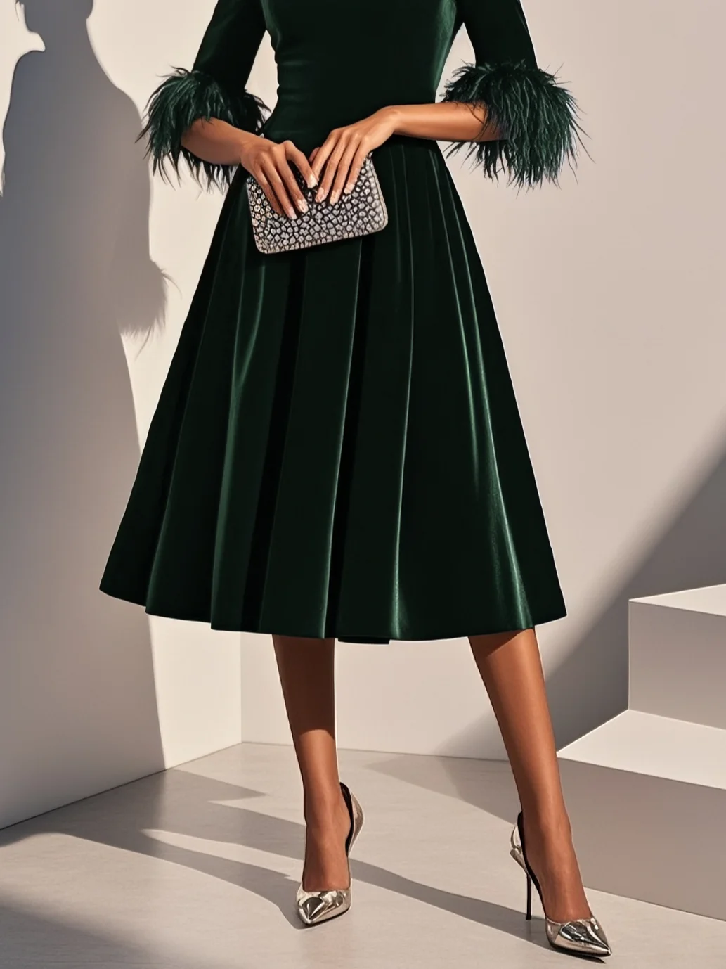Aitana Dark Blue Feather Trimmed Velvet Round Neck Short Sleeved A-line Line Midi Dress – Sienna Noosa