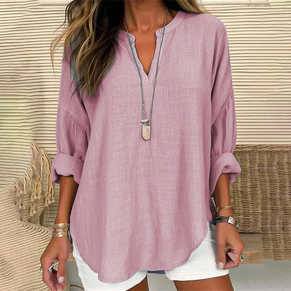 Solid Color V-Neck Long Sleeved Loose Casual Blouse – Sienna Noosa