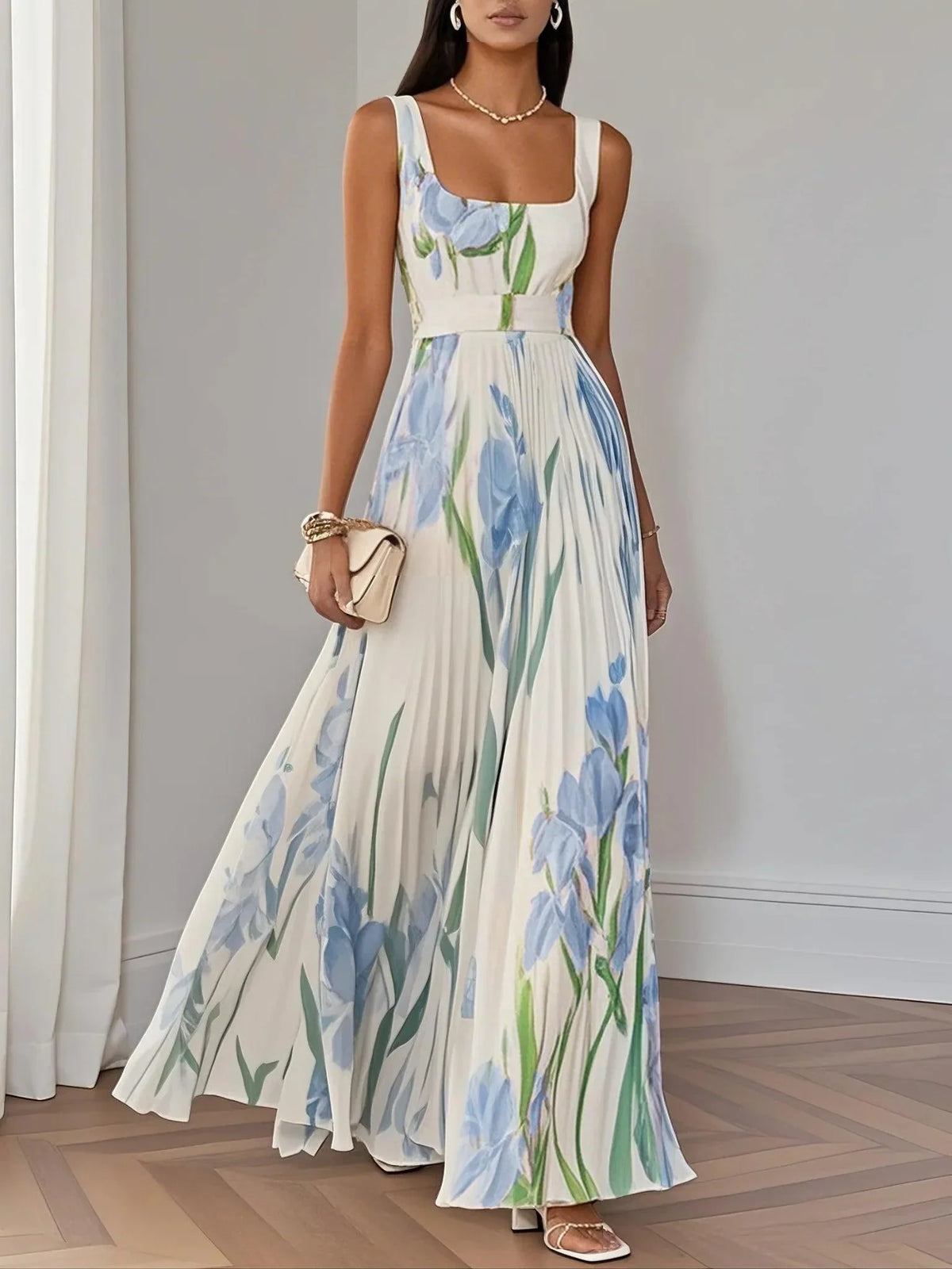White Pleated Chiffon Square Neck Sleeveless A-line Line Maxi Dress – Sienna Noosa