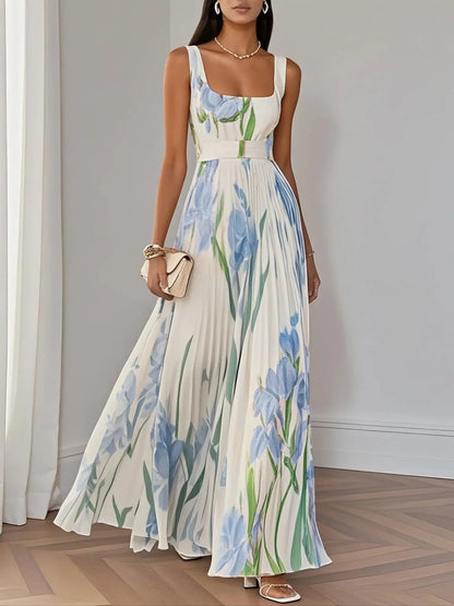 White Pleated Chiffon Square Neck Sleeveless A-line Line Maxi Dress – Sienna Noosa