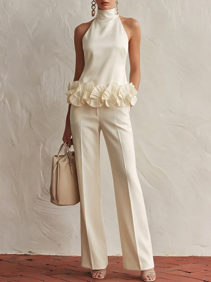 Elegant High Neck Top with 3d Floral Hem and Trousers Set – Sienna Noosa
