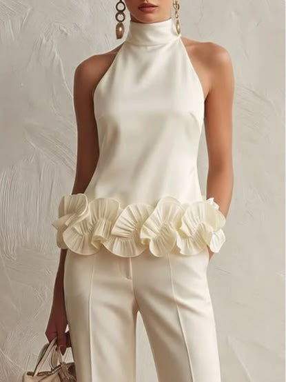 Elegant High Neck Top with 3d Floral Hem and Trousers Set – Sienna Noosa