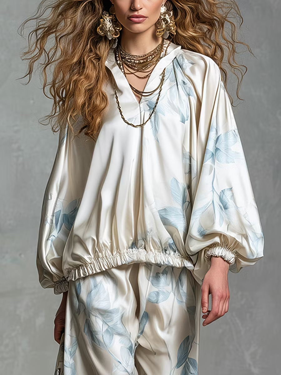 Elegante Elegant Bohemian Style Blue Floral Print Satin Set – Sienna Noosa