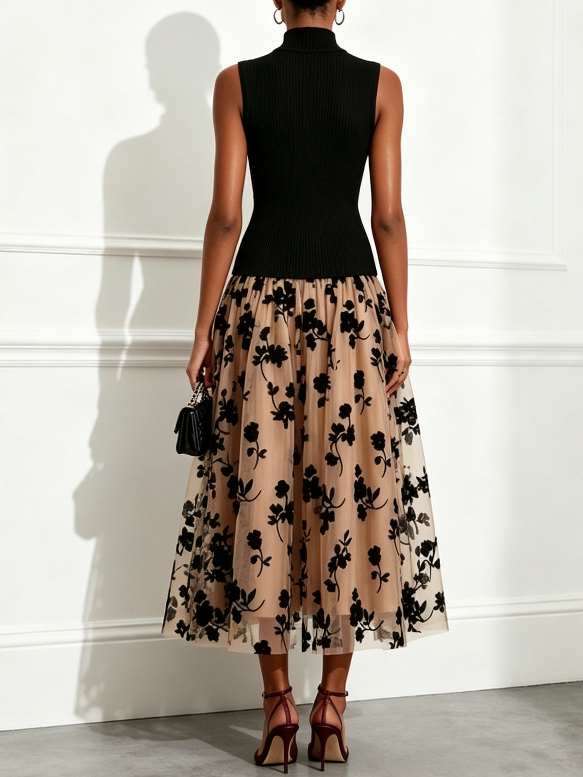 Black Ribbed Knitted Tank Top + Double-layered Floral Tulle Midi Skirt Two Piece Set – Sienna Noosa