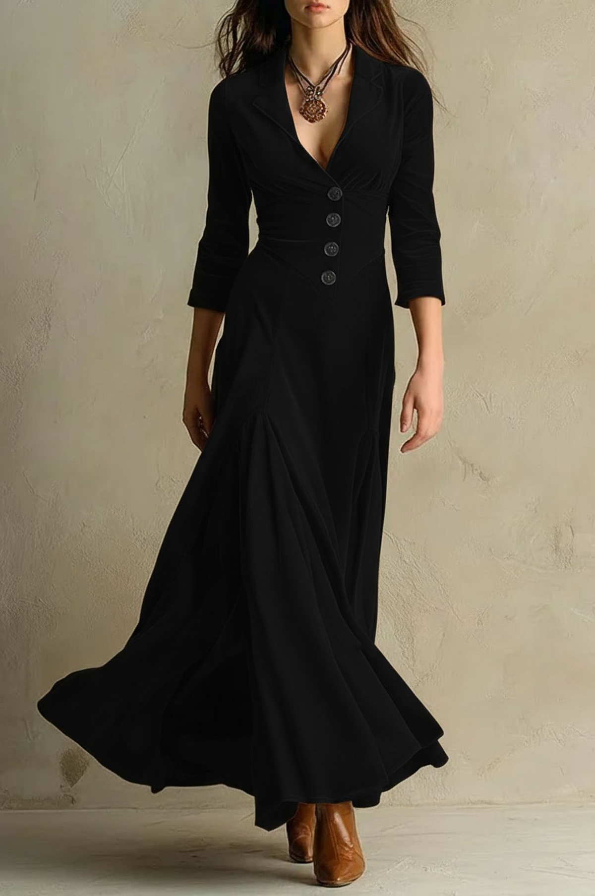Mercedes Brown Elegant Retro Suit Collar Velvet Long Dress – Sienna Noosa