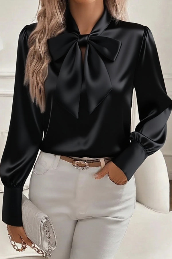 Satin Solid Color Casual Bow Long Sleeve Shirt – Sienna Noosa