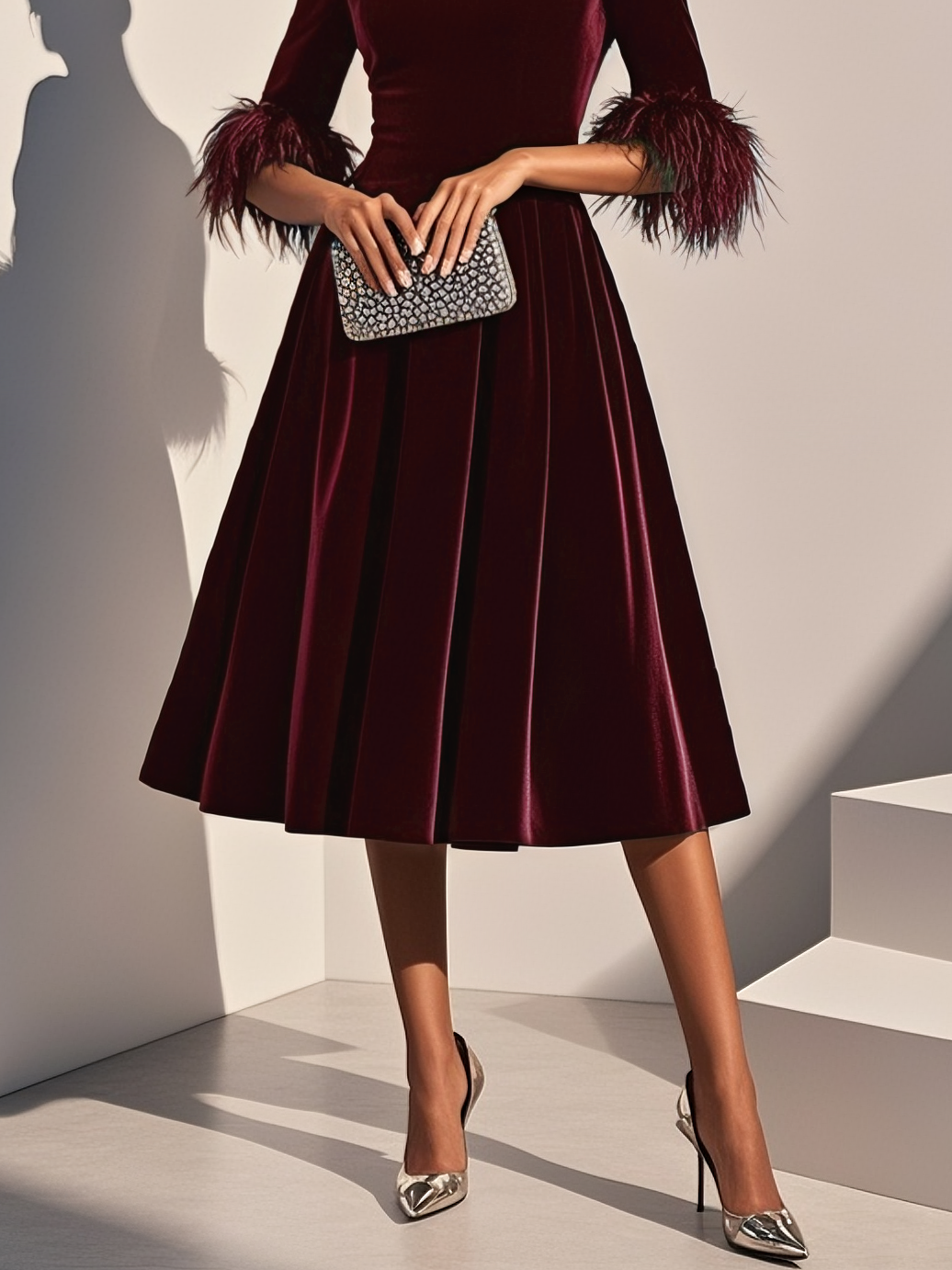 Aitana Dark Blue Feather Trimmed Velvet Round Neck Short Sleeved A-line Line Midi Dress – Sienna Noosa