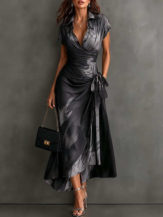 Grey Black Abstract Print Wrap Midi Dress Collared V Neck Short Sleeve Tie Waist Ruffled High Low Hem Dress – Sienna Noosa