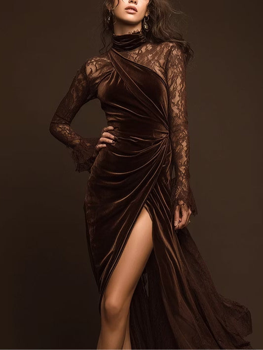 Marisol Brown High Neck Velvet Maxi Dress with Lace Panels and A-line Side Slit – Sienna Noosa