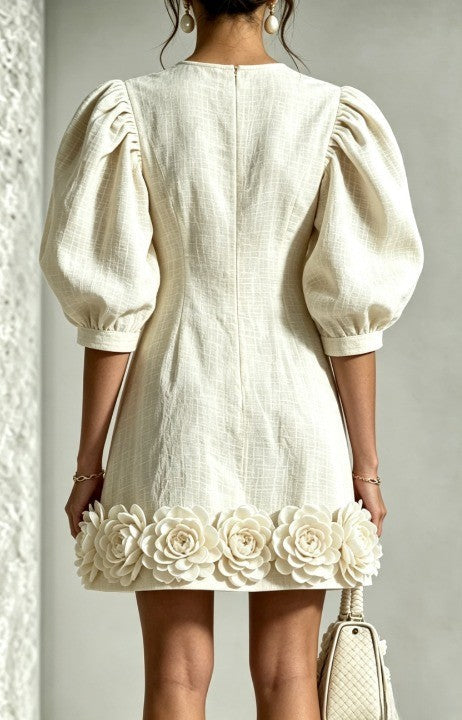 White 3d Floral Puff Sleeve Cotton Linen Mini Dress – Sienna Noosa