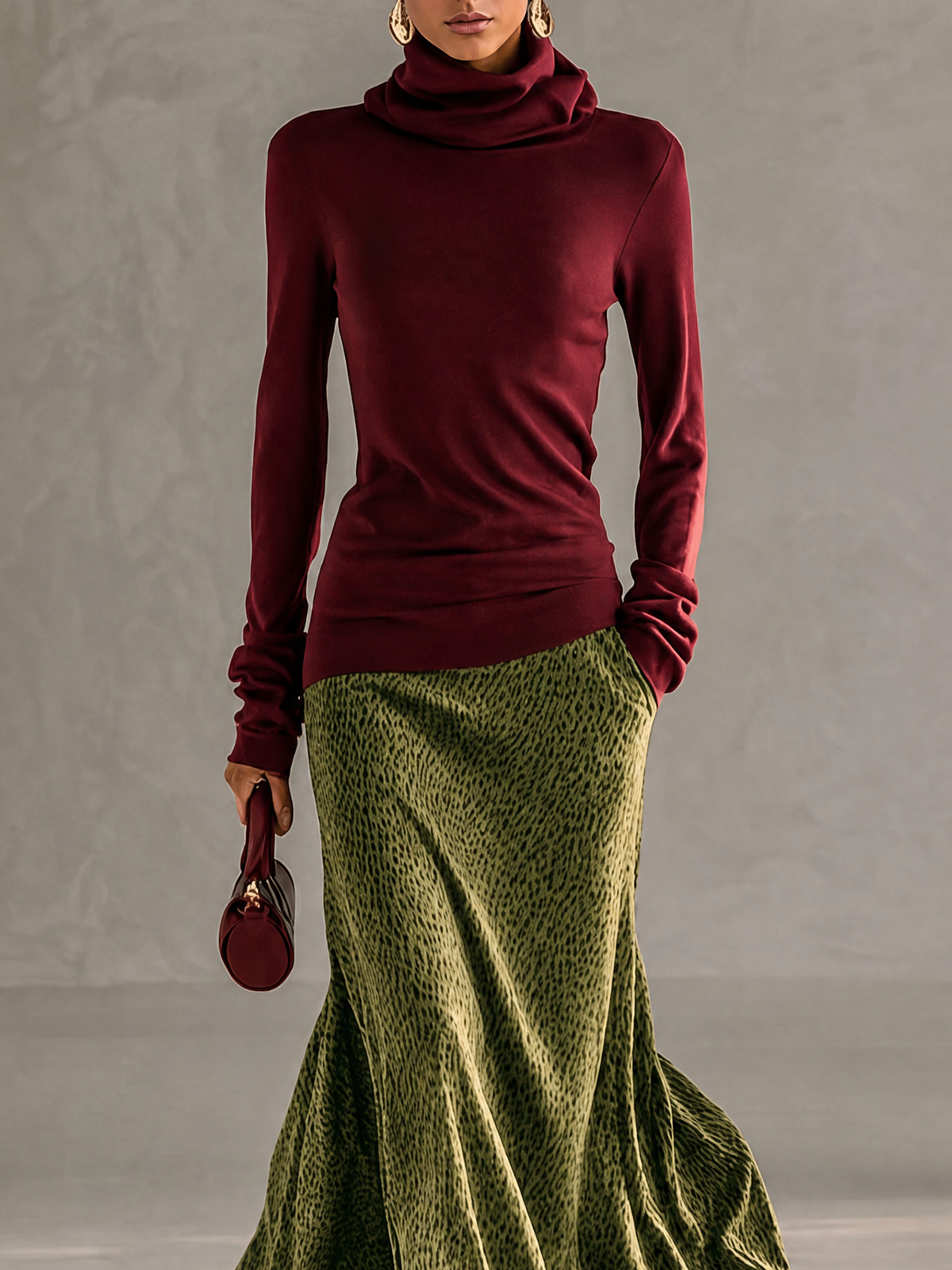 Burgundy Turtleneck Top Green Leopard Print Maxi Skirt Two Piece – Sienna Noosa