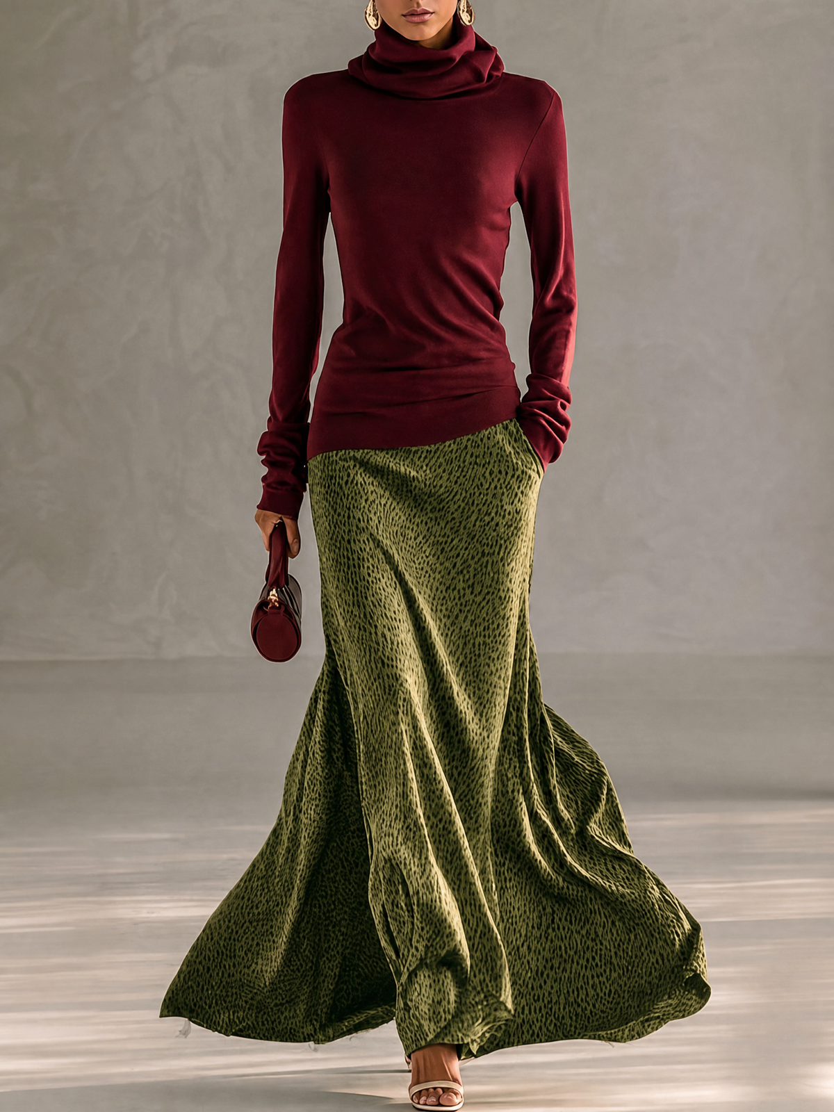 Burgundy Turtleneck Top Green Leopard Print Maxi Skirt Two Piece – Sienna Noosa