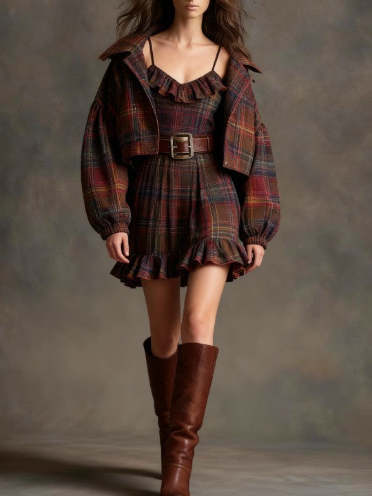 Vintage Plaid Ruffle Mini Dress and Loose Jacket Set（Includes belt） – Sienna Noosa