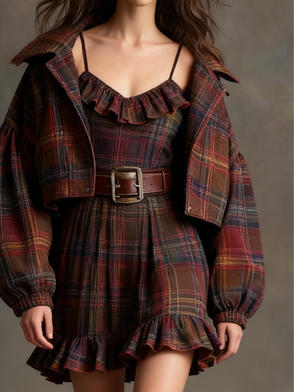 Vintage Plaid Ruffle Mini Dress and Loose Jacket Set（Includes belt） – Sienna Noosa
