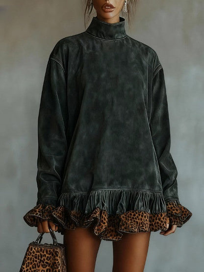 Mireya Turtleneck Suede Leopard Print Paneled Hem Mini Dress – Sienna Noosa