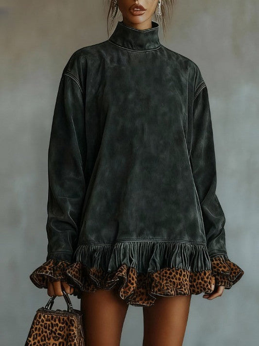 Mireya Turtleneck Suede Leopard Print Paneled Hem Mini Dress – Sienna Noosa