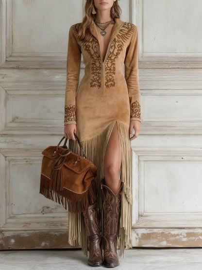 Rocío Western Half Zip Embroidered Faux Suede Fringe Maxi Dress – Sienna Noosa