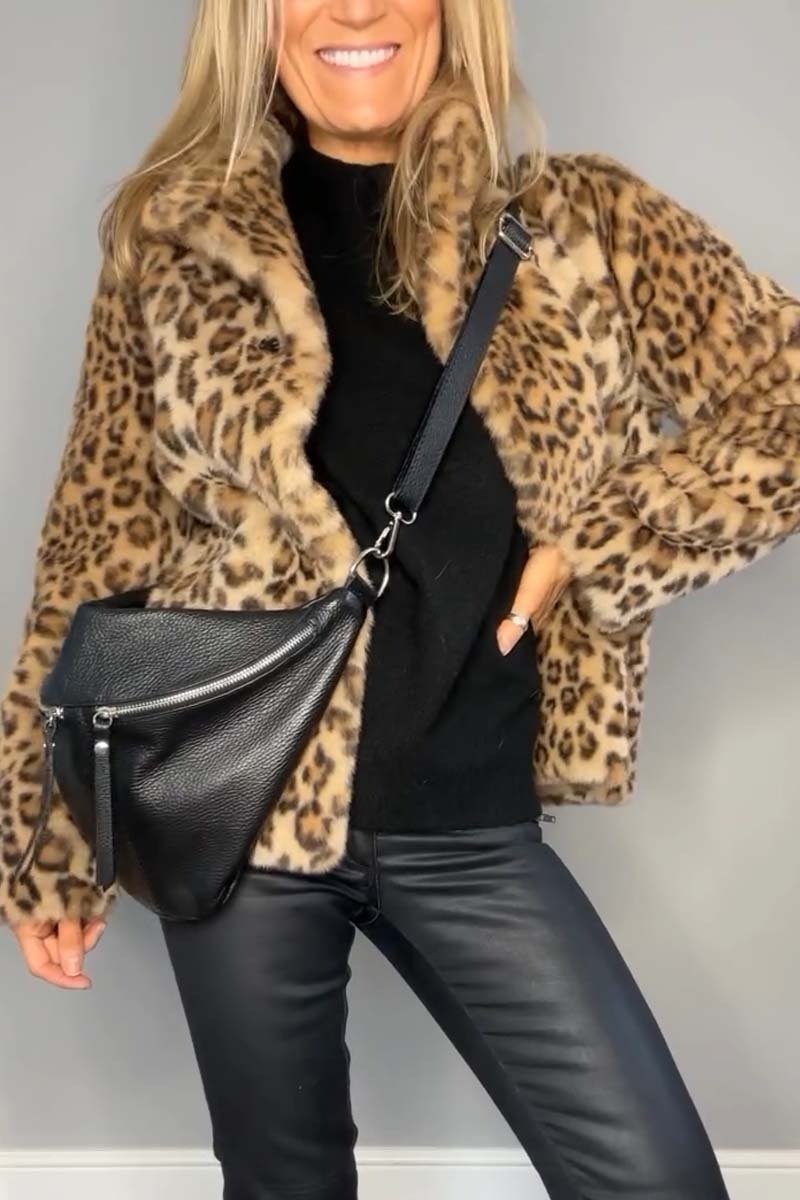 Stylish Leopard Print Lapel Faux Fur Mid Length Coat – Sienna Noosa