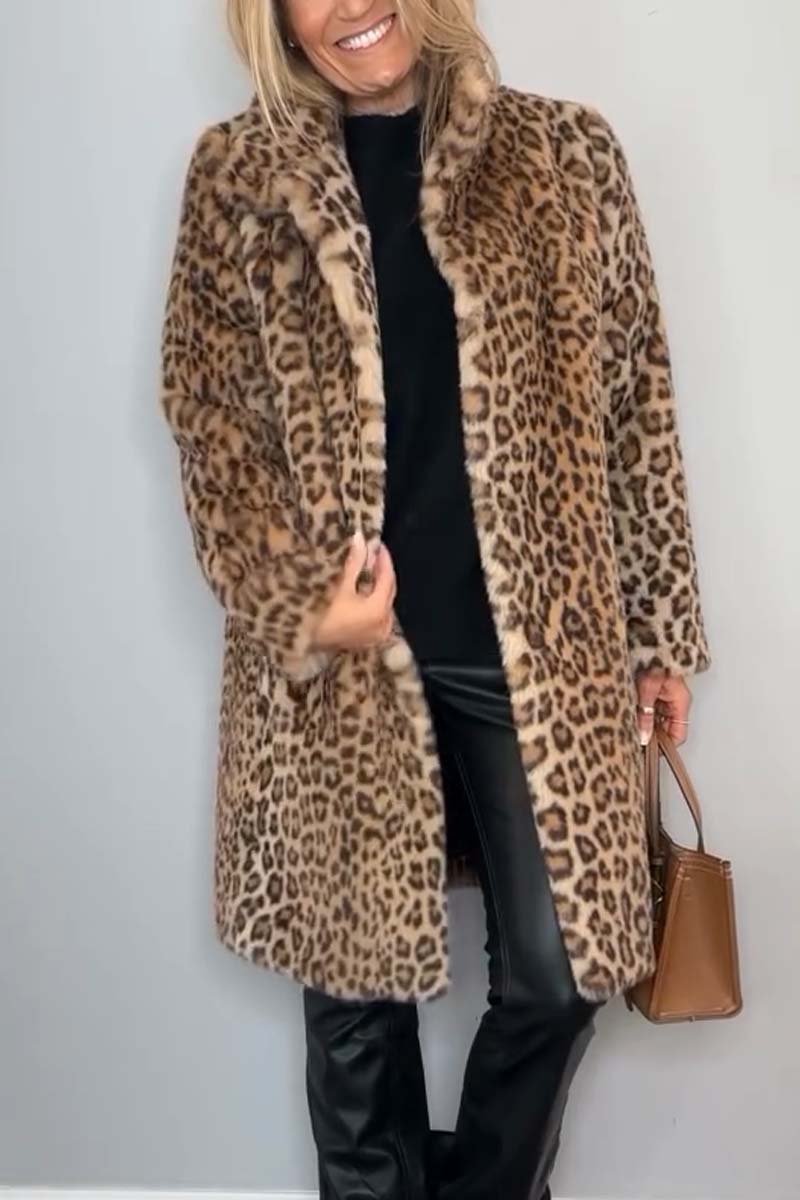 Stylish Leopard Print Lapel Faux Fur Mid Length Coat – Sienna Noosa