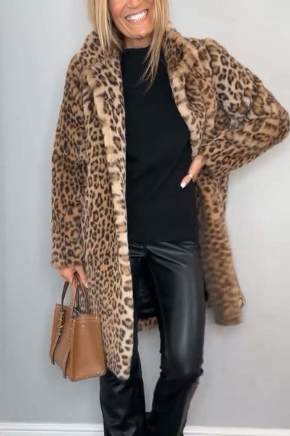 Stylish Leopard Print Lapel Faux Fur Mid Length Coat – Sienna Noosa