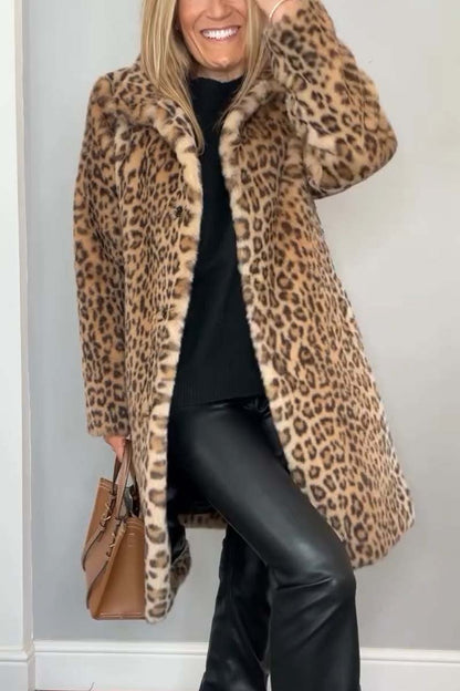 Stylish Leopard Print Lapel Faux Fur Mid Length Coat – Sienna Noosa