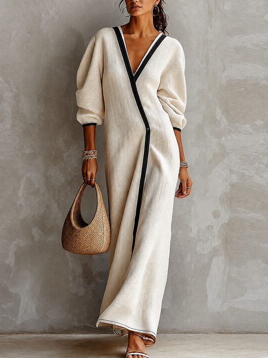 Women Beige Linen Blend V Neck Wrap Black Contrast Trim Lantern Sleeve Maxi Dress – Sienna Noosa