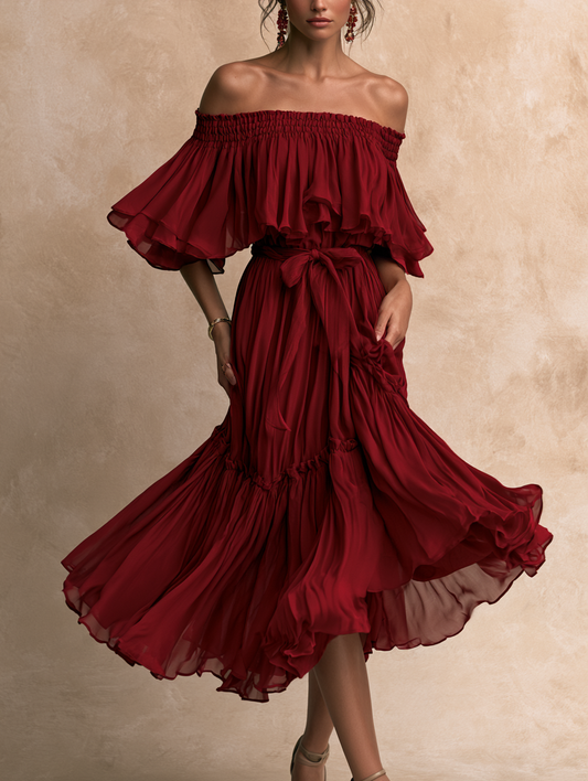 Women Burgundy Off Shoulder Ruffle Tie Waist Tiered Flowy Chiffon Dress – Sienna Noosa