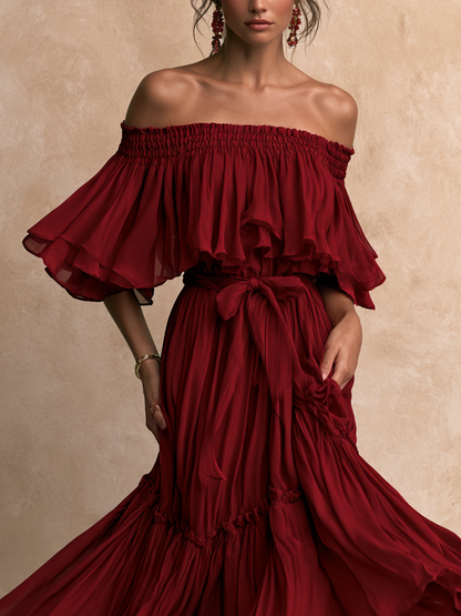 Women Burgundy Off Shoulder Ruffle Tie Waist Tiered Flowy Chiffon Dress – Sienna Noosa