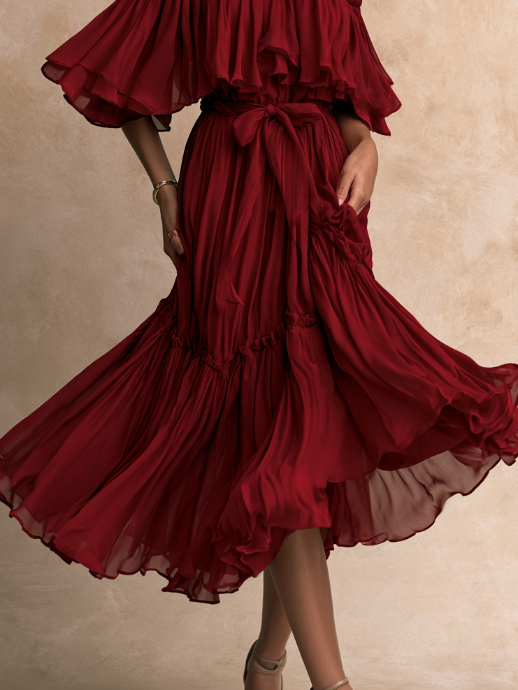 Women Burgundy Off Shoulder Ruffle Tie Waist Tiered Flowy Chiffon Dress – Sienna Noosa