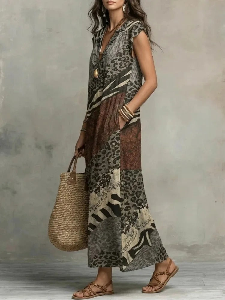 Sabina Valentina Maxi Dress Shirt With Print Leopard And Details In Contrast – Sienna Noosa