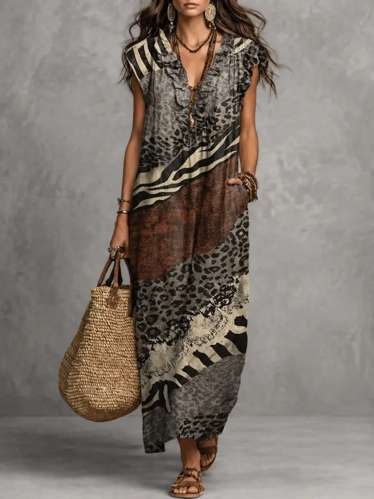 Sabina Valentina Maxi Dress Shirt With Print Leopard And Details In Contrast – Sienna Noosa