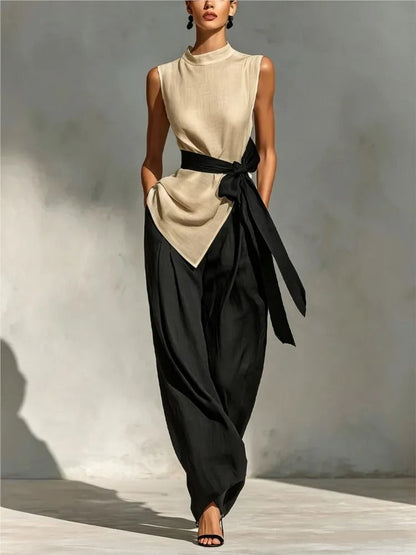 Claudia Set Elegant Two-tone With Top Asymmetric And Trousers Wide – Sienna Noosa